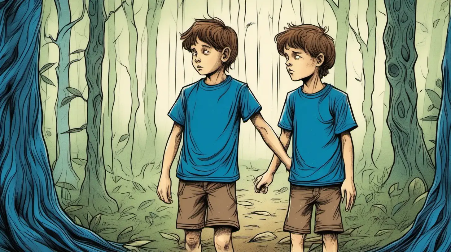 illustrate ten years ol Two children are pulling a ten-year-old brown-haired boy wearing a blue T-shirt, in the magical forest, they are sad