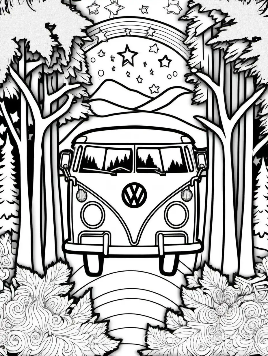  Leave a lot of white space in the center on an oval shape. camping themed decorative FRAME border, with trees curving up around the sides,  stars at the top, Volkswagon bus camper at the bottom. Lisa Frank art style
, Coloring Page, black and white, line art, white background, Simplicity, Ample White Space. The background of the coloring page is plain white to make it easy for young children to color within the lines. The outlines of all the subjects are easy to distinguish, making it simple for kids to color without too much difficulty
