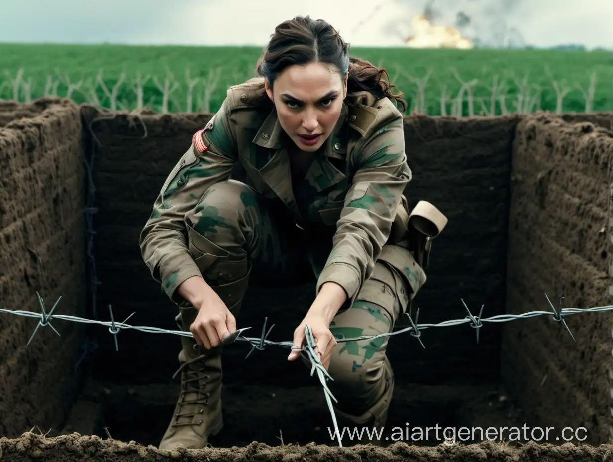 Gal Gadot unwinds barbed wire over a trench in a field, dressed in multicam