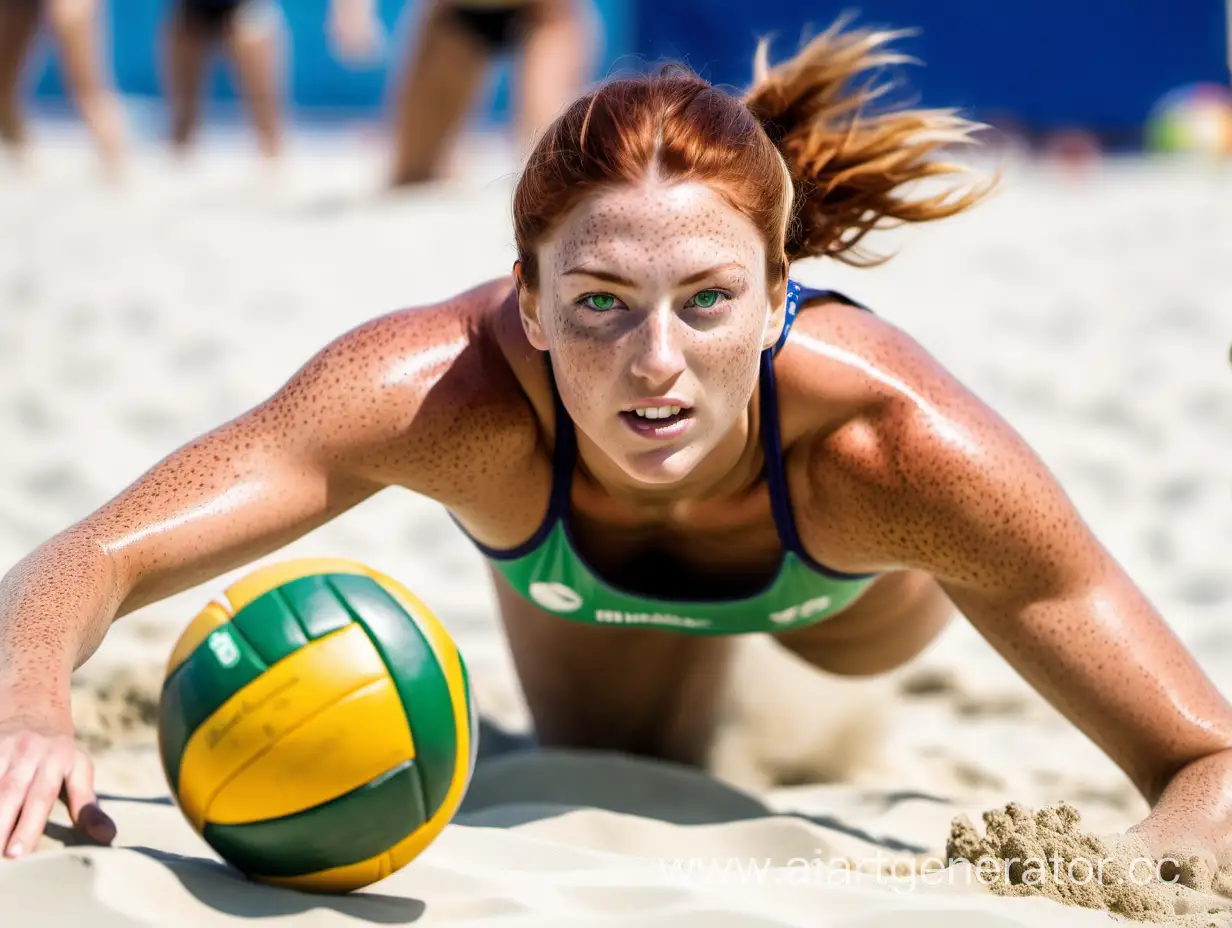 female beachvolleyballplayer, with some freckles, green eyes, diving for bALL



