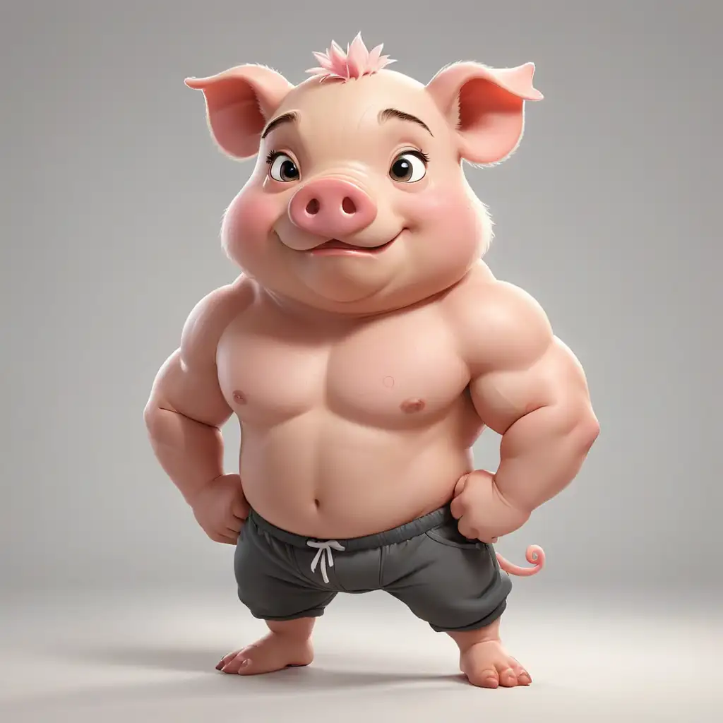 A cute pig in cartoon style, full body, Body building clothes, with white background