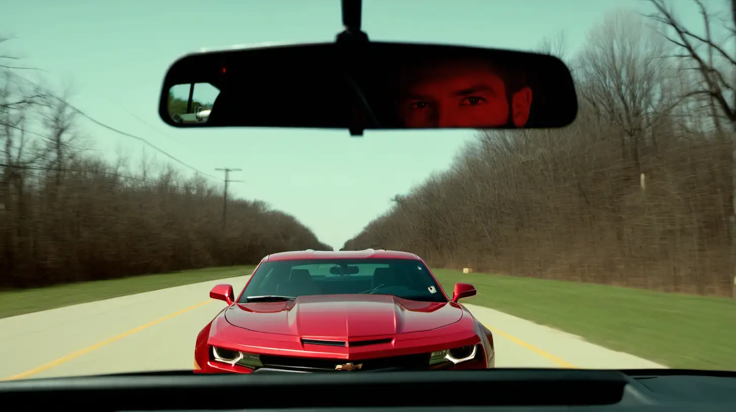 view through windshield of car, looking out, red Camaro coming toward