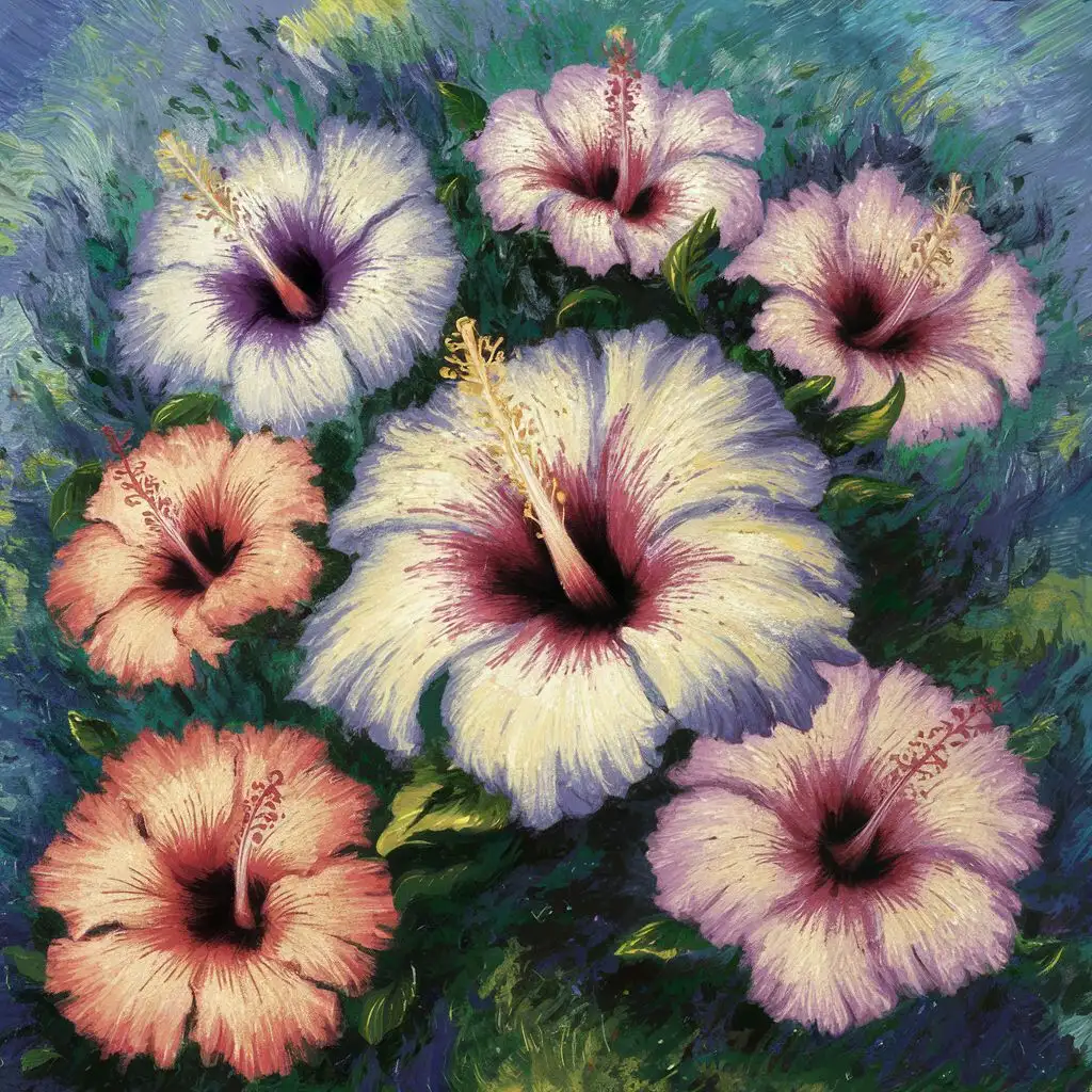 colorful vibrancy, Illustrate multiple hibiscus flowers in the style of van gogh