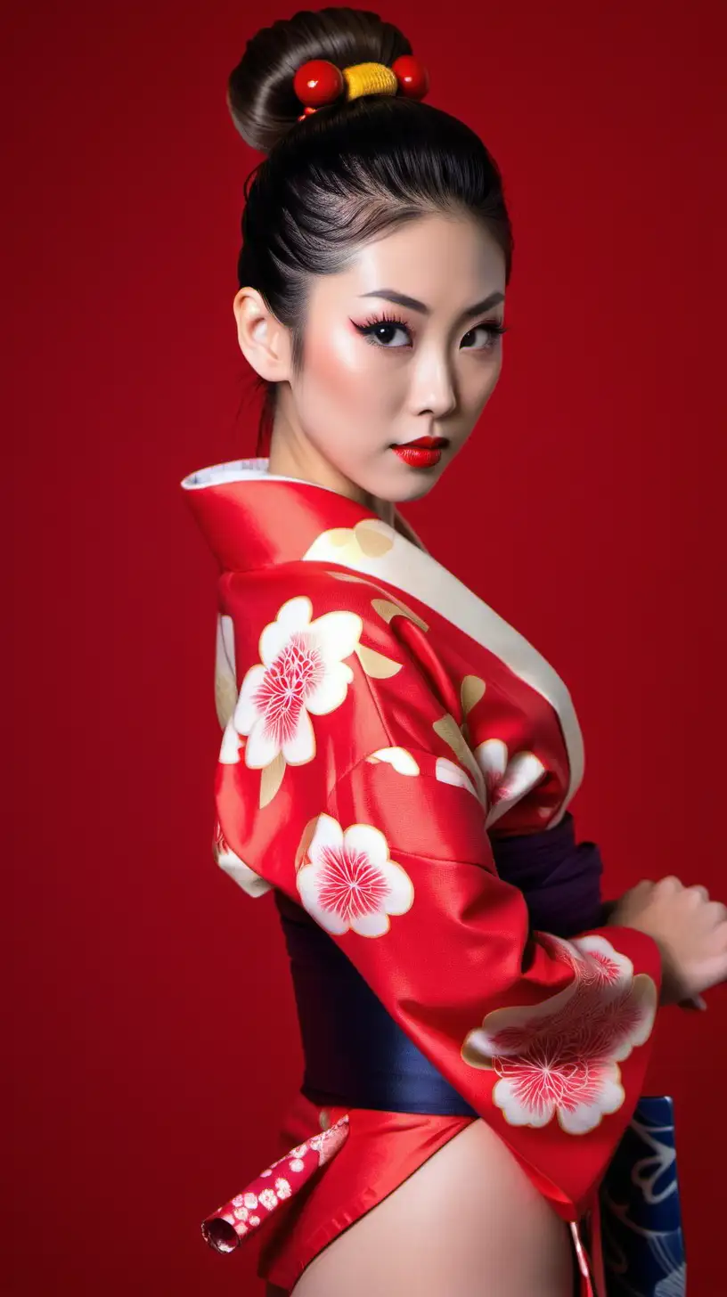 Sultry Japanese Woman in Traditional Kimono Bikini with Red Lips and High Ponytail on Red Background