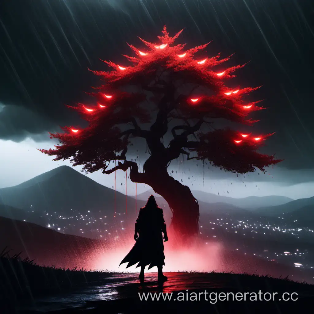 Mysterious-Black-Shadow-Fighter-in-the-Rain-with-Glowing-Eyes