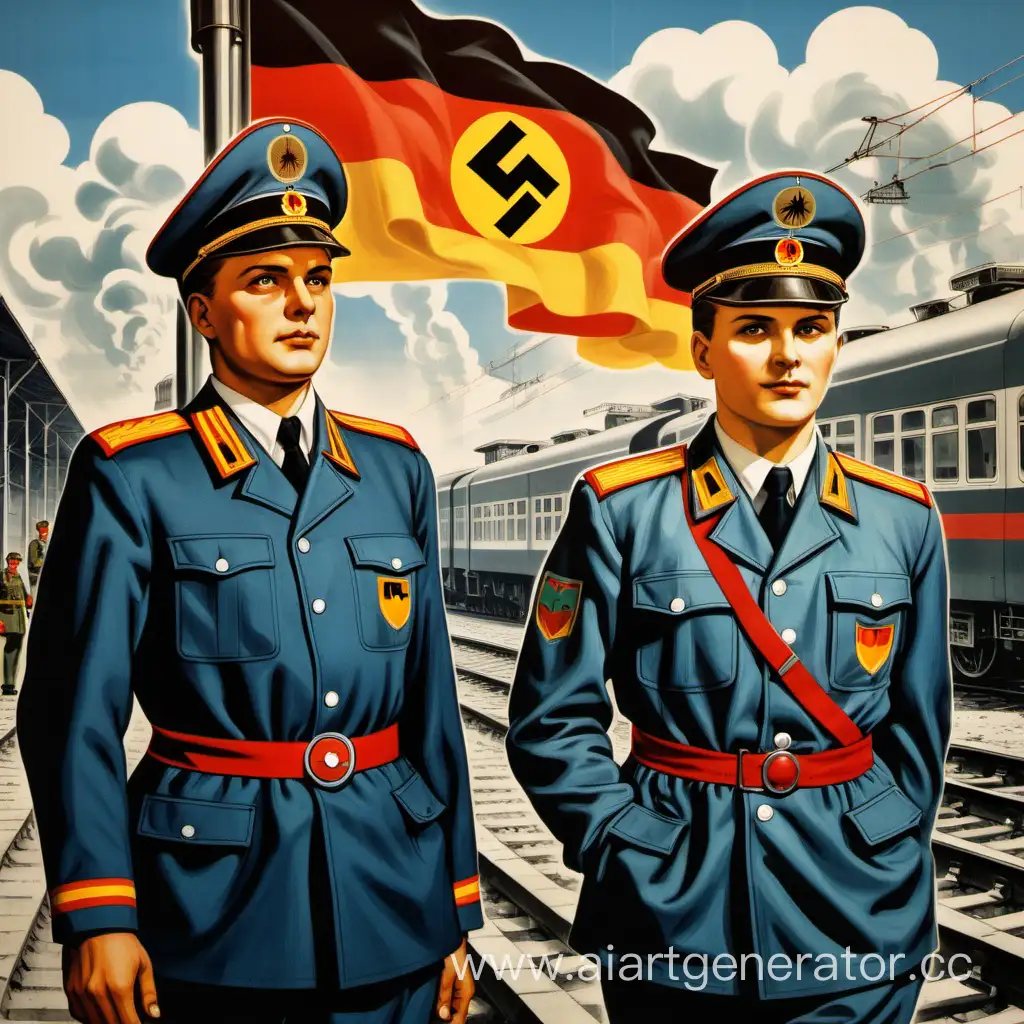 Пропаганда плакат гдр, на заднем плане дэпо железная дорога с поездами, штандарт флаг германии, и 2 железнодорожных машиниста с погонами фуражкой и петлицами