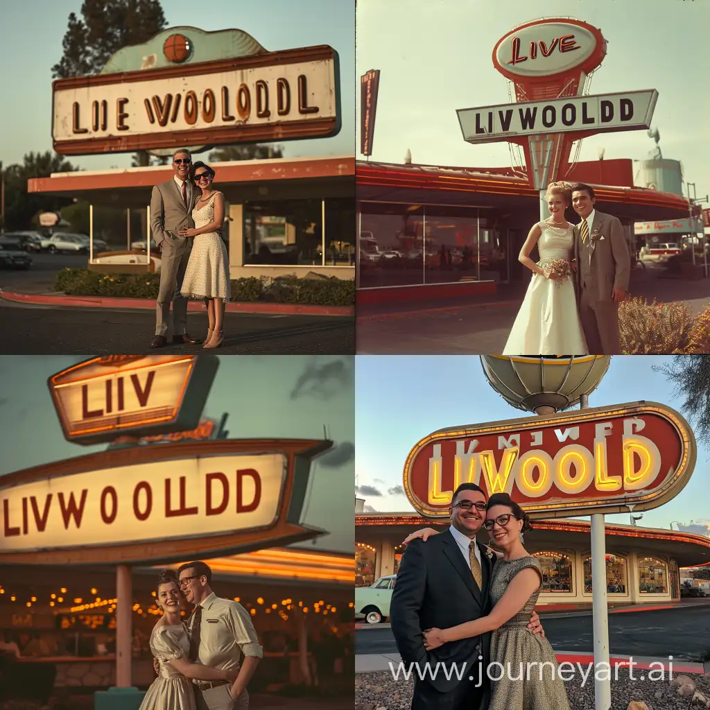 A midcentury retro sign advertising "LIVEWORLD". A happy couple pose for a photograph in front of the sign. --v 6.0