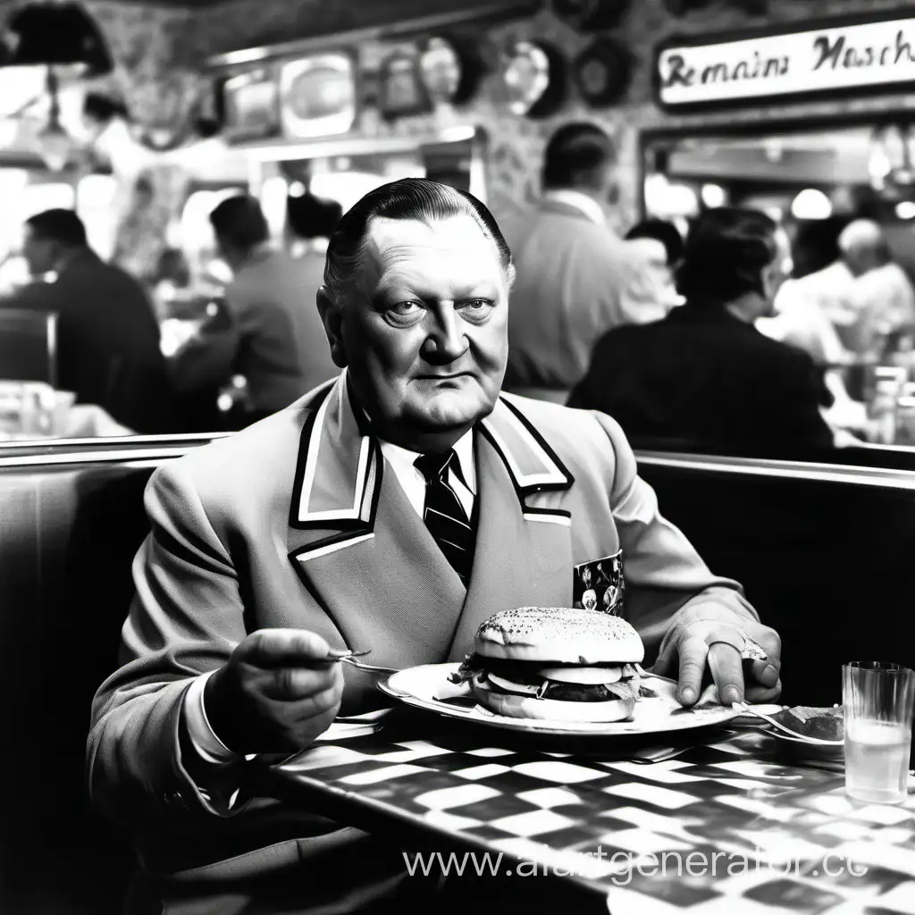 Сгенерируй чёрно-белую картинку, где престарелый рейхсмаршал Герман Геринг  ест гамбургер в американской закусочной