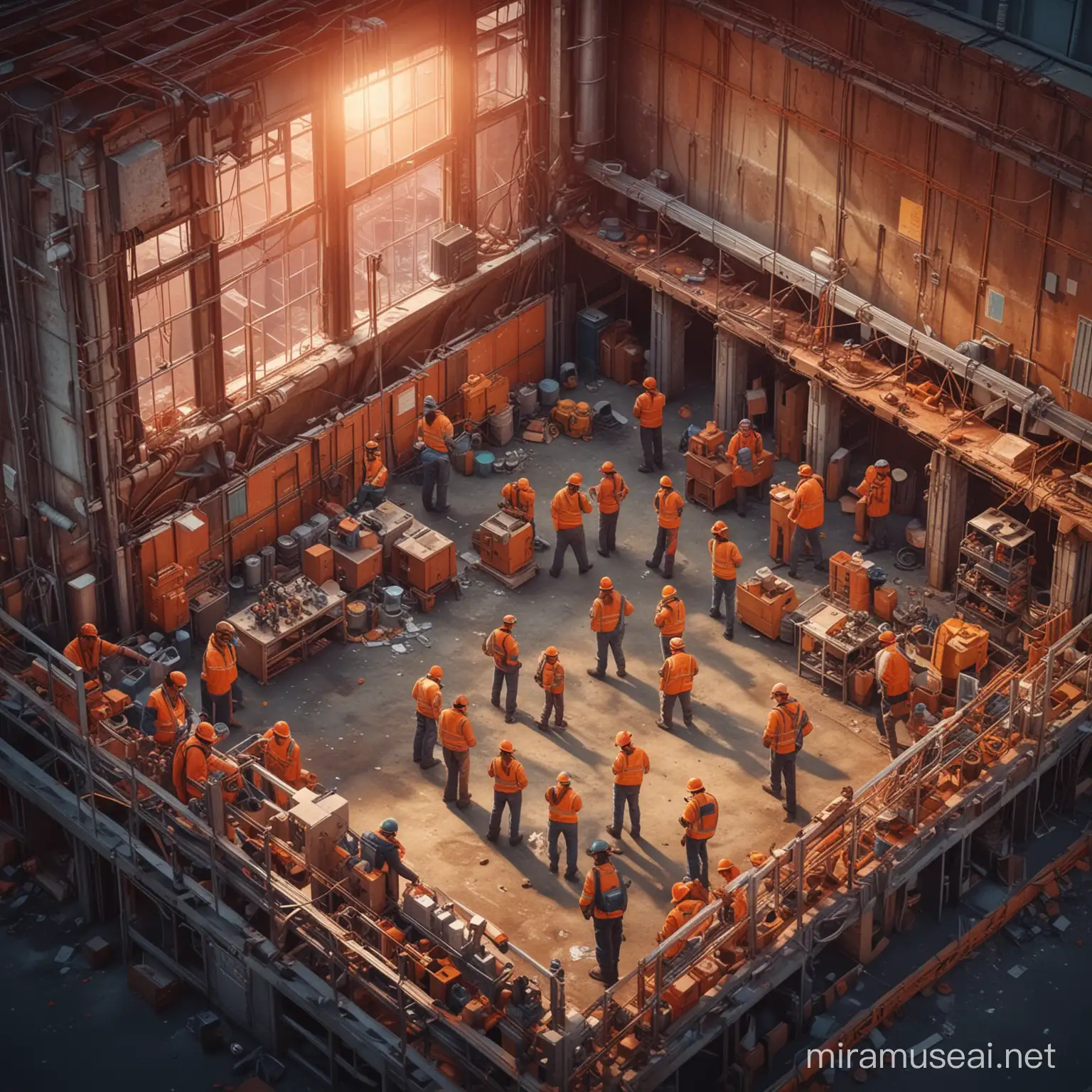 Realistic 3D vector illustration of isometric different people of all genders working in an unfinished building or factory with warm colors and the concept of teamwork. High quality, real image, magazine shoot, detail image, taken from above, super detail image, detail person, perfect shape, super detail face, volumetric lighting, photography, cinema, epic high dynamic lighting, hdr, extremely detailed, dramatic lighting, dramatic color grade, epic scene, color grading, editorial photography, diffraction grading, chromatic aberration.