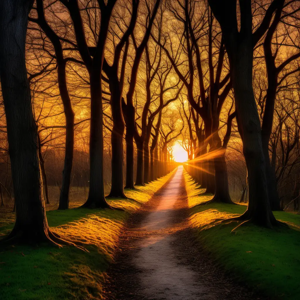 backlit tree lined forest path at sunset, overhanging arching trees