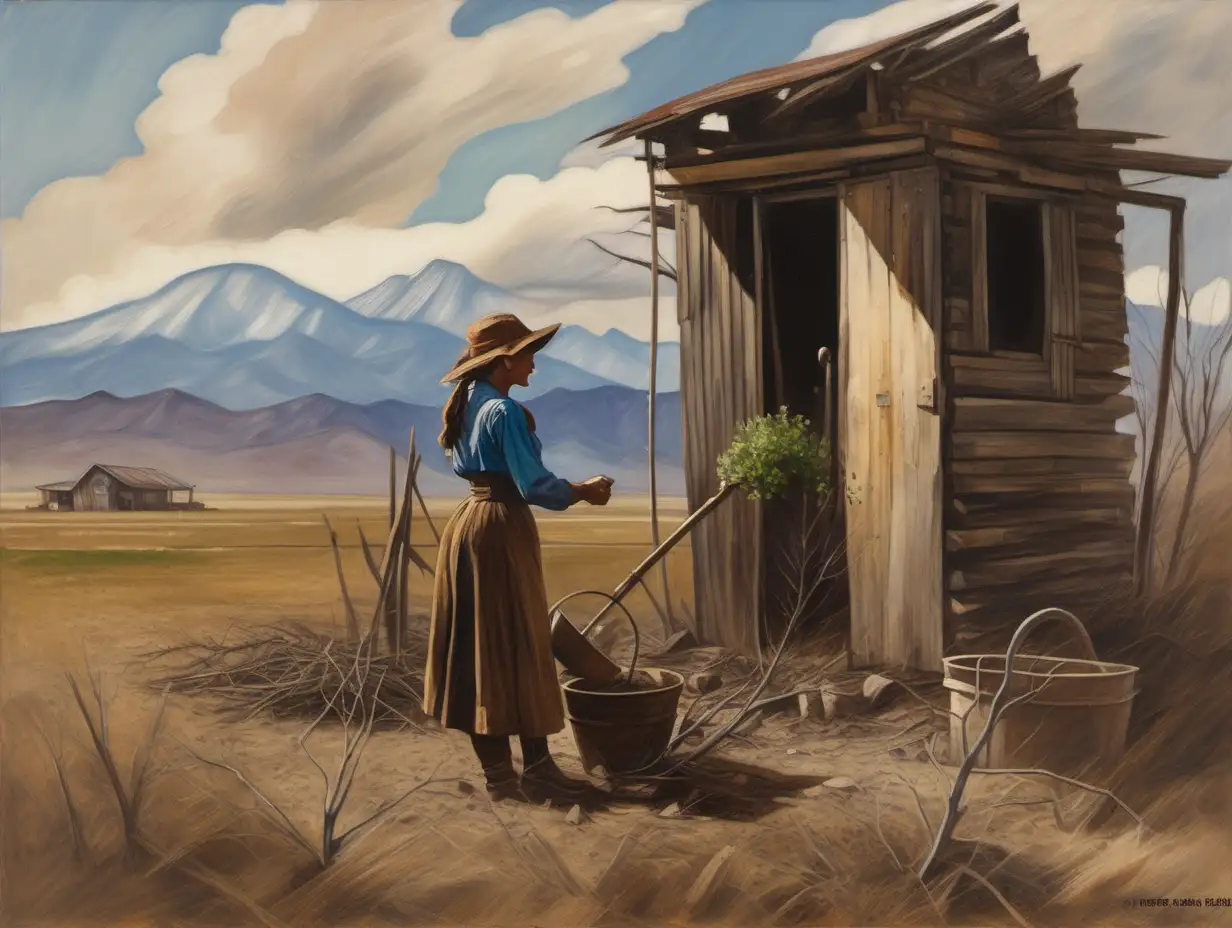In the style of Harvey Dunn, a pioneer woman standing in from of a shack planting a tree, on the high prairie with a mountain range in the distance