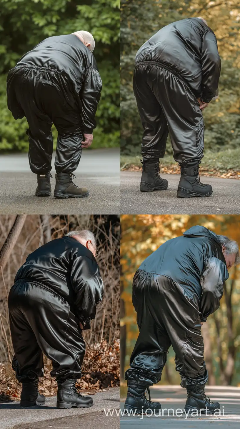 Back view fashion photo of a chubby man aged 70 wearing a silk black tracksuit. Black Hiking Boots. He is bending over. Outside. --style raw --ar 9:16 --v 6