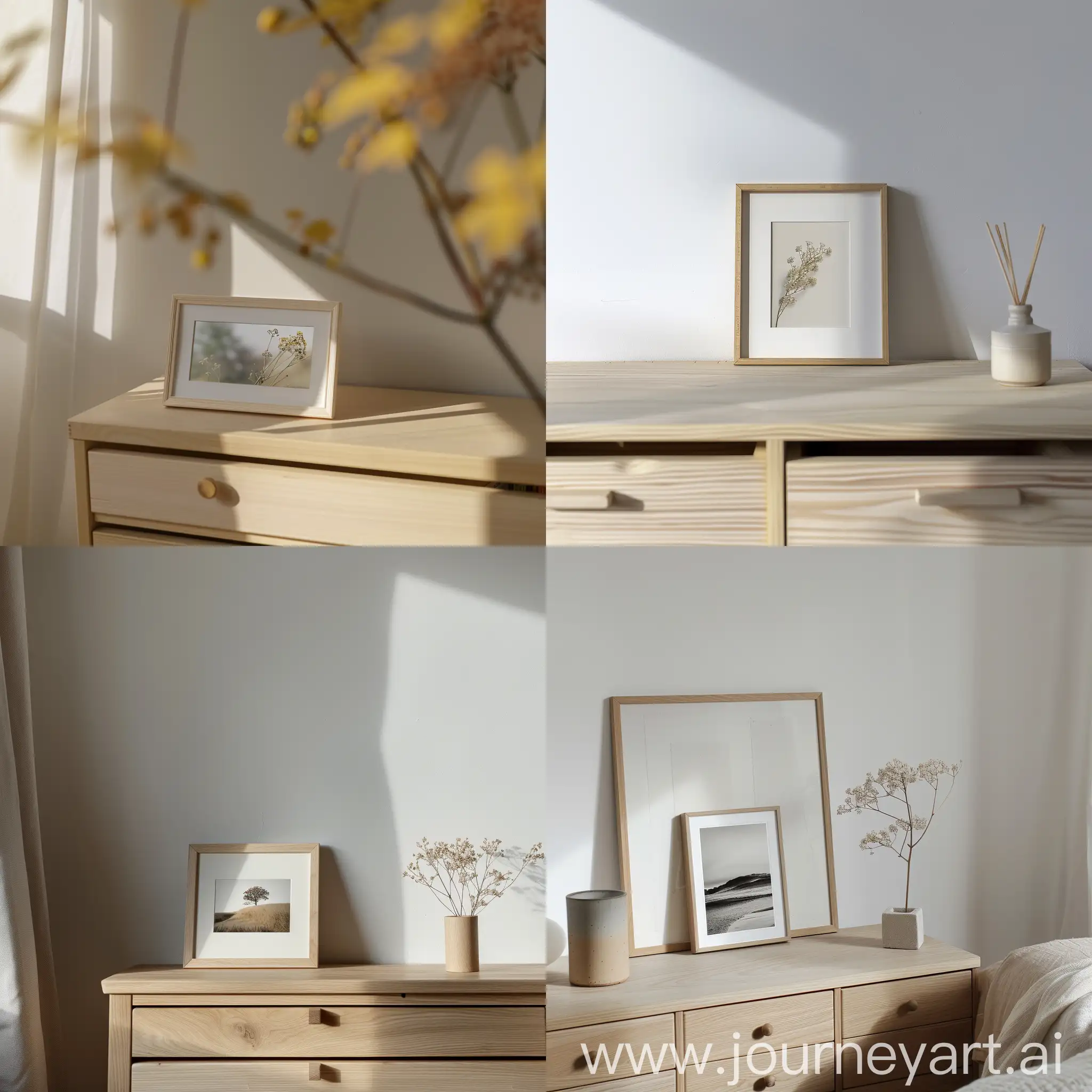 photo, a small horizontal picture in a frame stands on the chest of drawers. Scandinavian modern interior, best quality, 4k, neutral colors, no filters