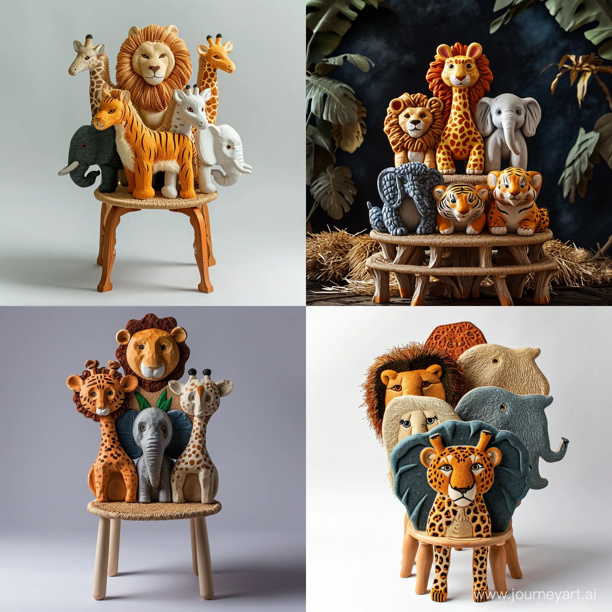 imagine an image of a  stackable sturdy children’s chair inspired by cute safari animals(lion, elephant, giraffe, tiger,cheetah), with backrests shaped like different creatures. Use recycled wood for the frame and woven plant fibers for seating areas, depicted in colors representative of the chosen animals. The seat should stand approximately 30cm tall, built to educate about wildlife and ensure durability.realistic style