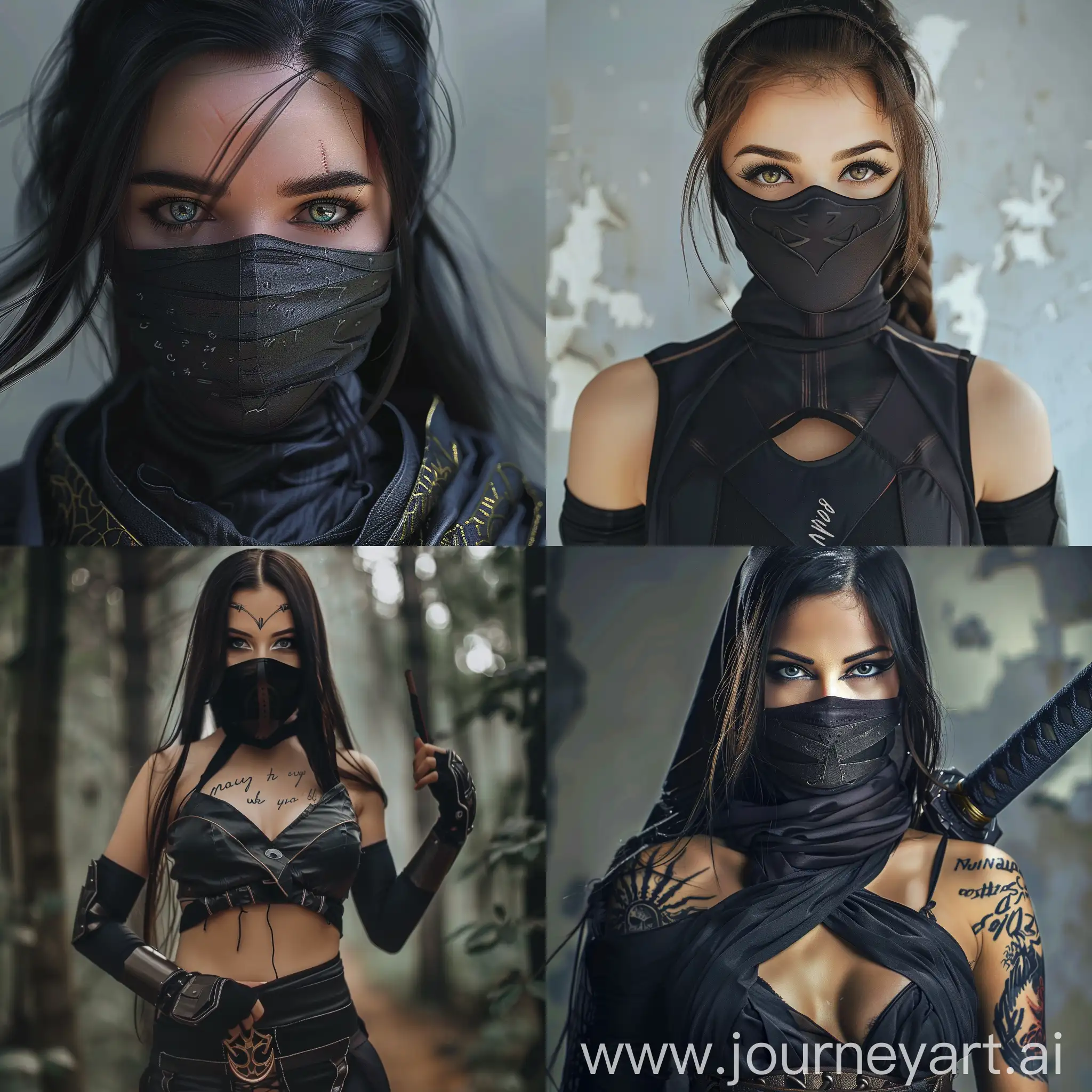  beautiful ninja woman realistic nova write on her 
