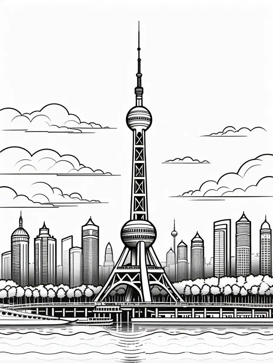 Create a b/w coloring book page of - The  Oriental Pearl Tower, Shanghai ; line-art; realistic; bold lines; white background; no color, no grey-tone, no shading ; , Coloring Page, black and white, line art, white background, Simplicity, Ample White Space. The background of the coloring page is plain white to make it easy for young children to color within the lines. The outlines of all the subjects are easy to distinguish, making it simple for kids to color without too much difficulty