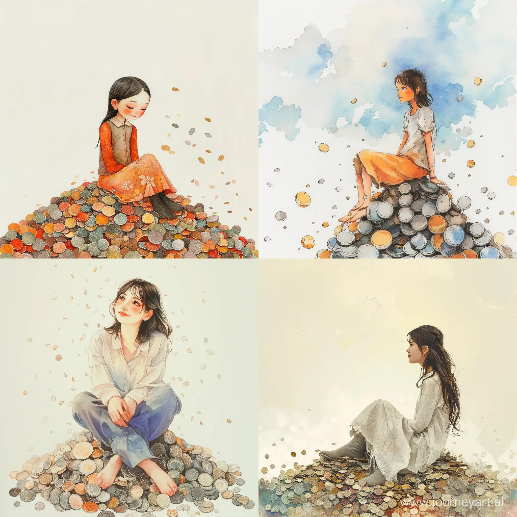 Девушка красивая сидит на горе из монет, нежные цвета, счастливая, изысканные черты лица, мило, цветное изображение, реалистичный рисунок
Дождь из монеток