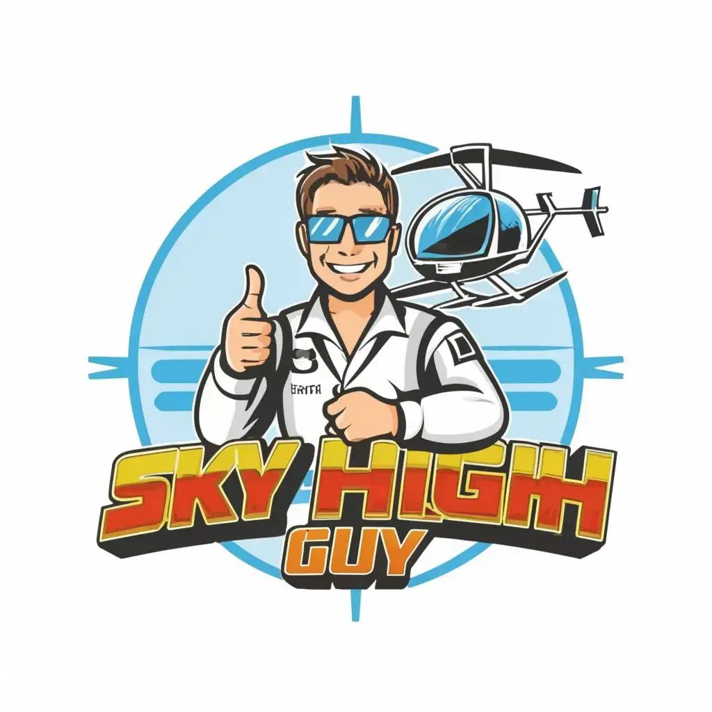logo, Pilot in white uniform giving a thumbs up with a gyrocopter behind him, with the text "Sky High Guy", typography, be used in Entertainment industry