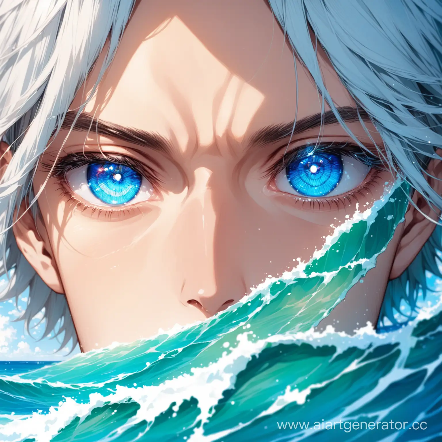 men's eyes are blue and there is an ocean in the pupils