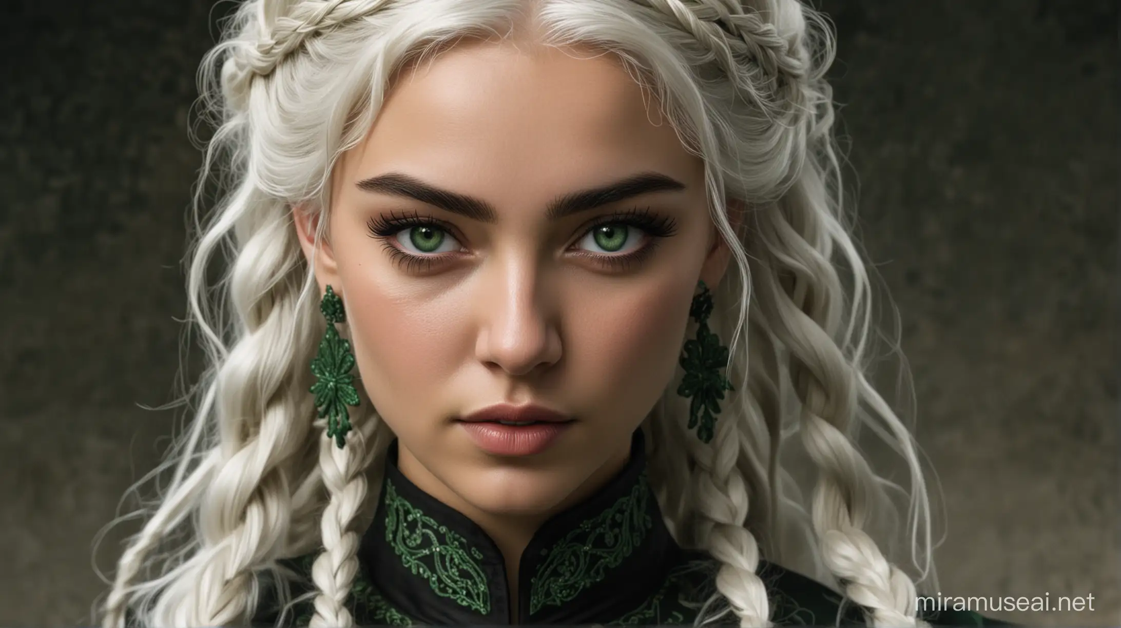 targaryen princess, dark emerald green eyes, white hair, dressed in black with green embroidery, wavy hair, determined expression with her brows slightly furrowed, hair styled in braids, mid 20s