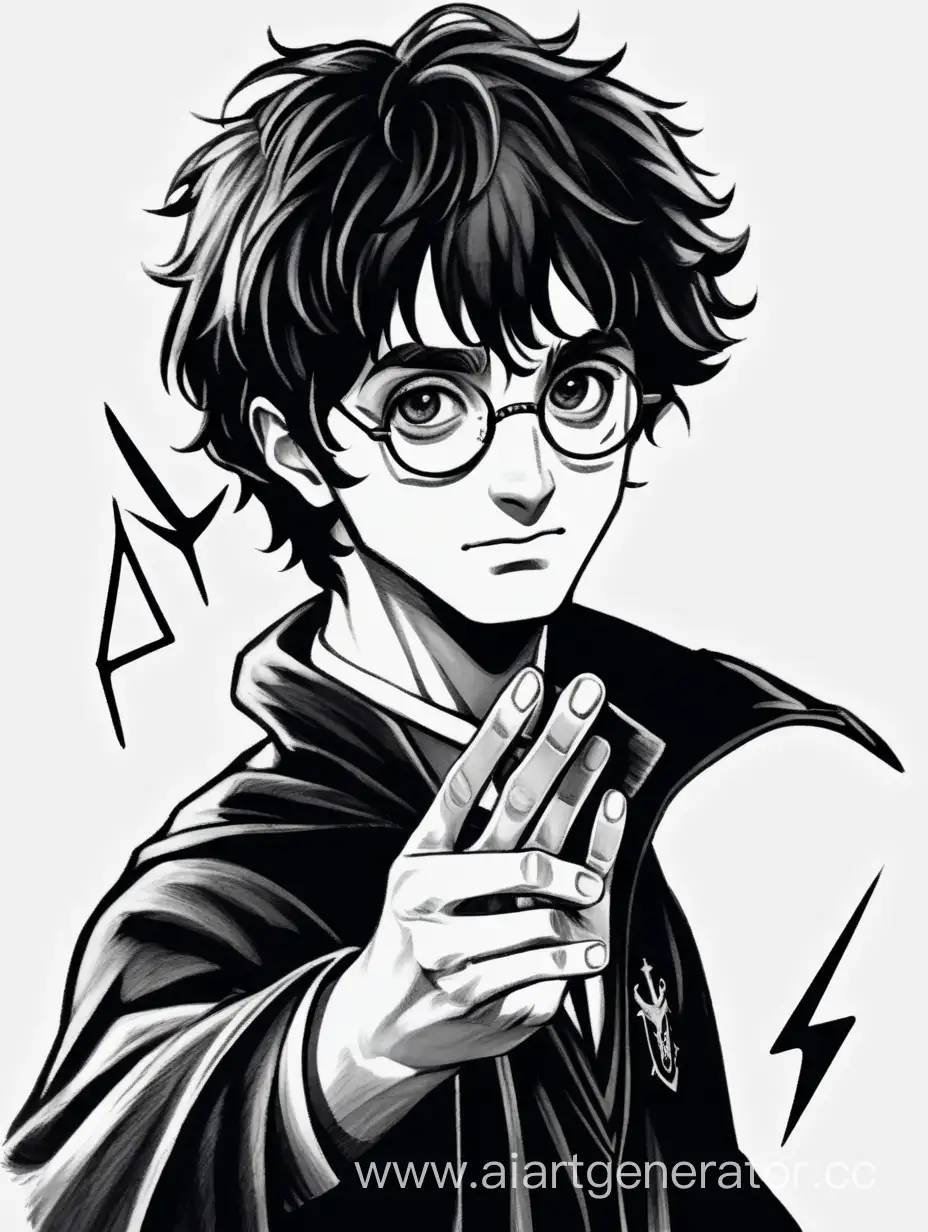 Нарисованный в стиле аниме Гарри Поттер, на правой руке на тыльной стороне ладони шрам Даров Смерти, на шее чёрный ошейник