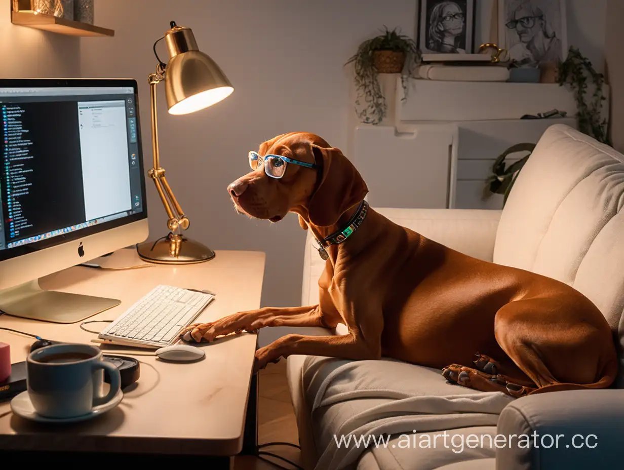 streamer room — computer, lamp, old ginger vizsla dog on a sofa. dark-brown long haired female with nose piercing and square glasses near the computer& wears long white shirt