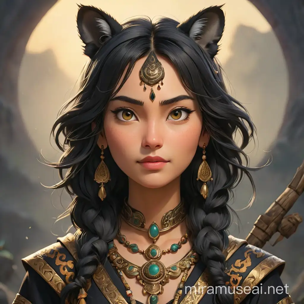 Traditional Wise Woman with Black Tiger Ears FullBody Illustration