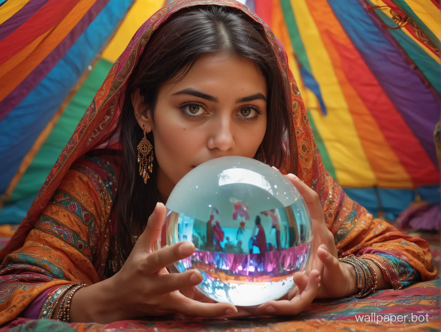 A gypsy woman gazes into her crystal ball. She is inside a colourful tent. detailed features, sharp image. 