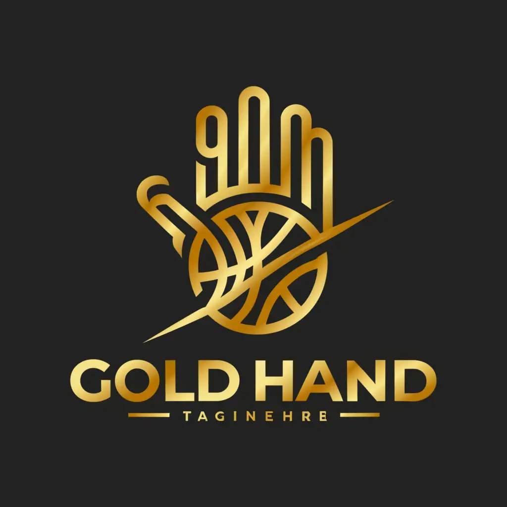 a logo design,with the text "Gold Hand", main symbol:Gold hand with 5 fingers holding a basketball. Black background,complex,clear background
