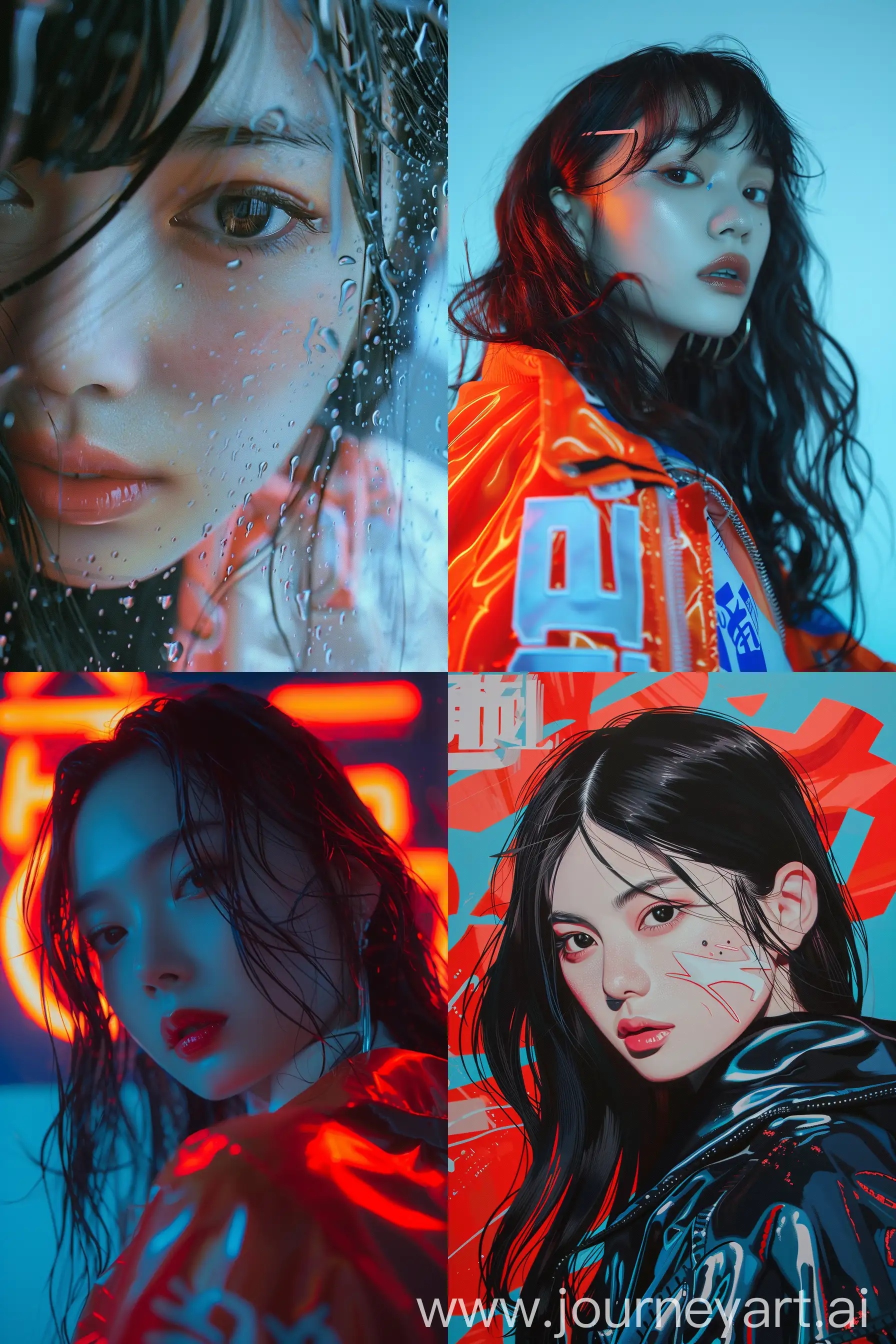 arge superimposed Japanese letters::2 close-up portrait of a beautiful woman with long black hair, neon, wearing a plastic red jacket, in cyberpunk style, with a light blue background --ar 2:3