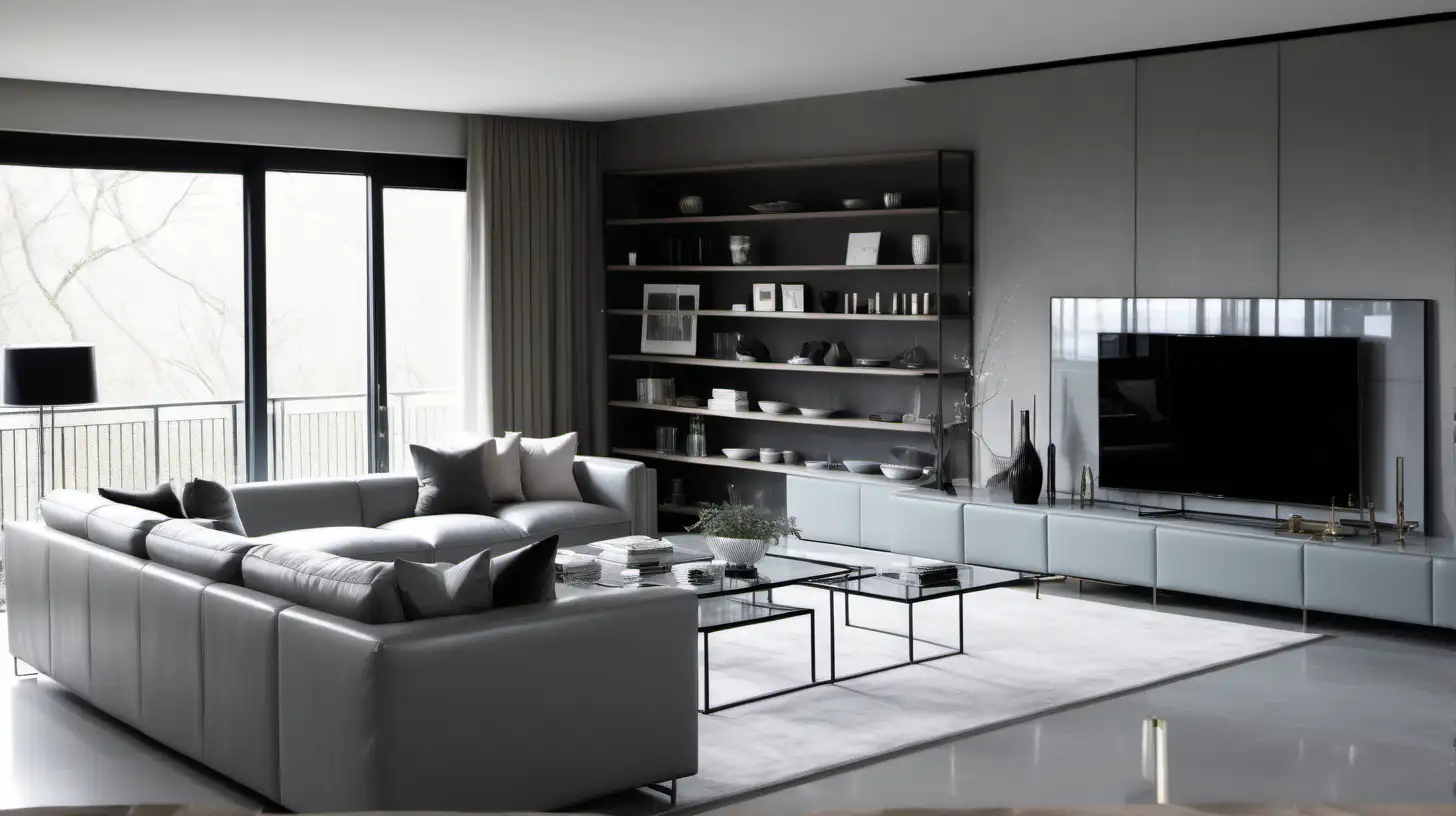 Modern Living Room with Long Gray Leather Sofa and Stylish TV Cabinet