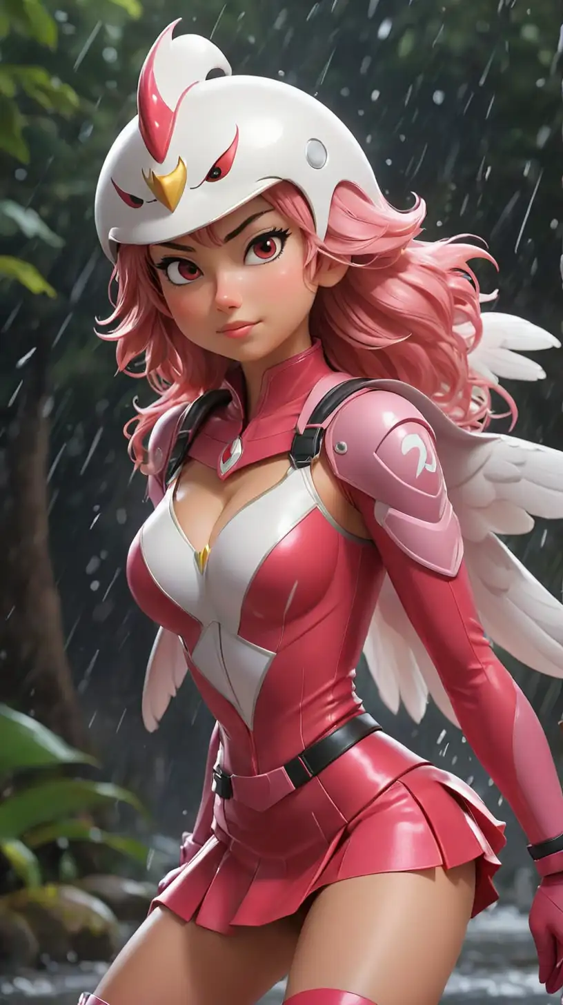 Jun the Swan, a cartoon in a pink and red superhero costume with a tight mini skirt, white gloves boots and helmet reddit, dynamic pose, toonami, pixiv contest winner, full body, concept art, deviantart, official art, shiny, booru, A beautiful, sultry, 18 year old girl, raining, ultra realistic, winking, I hate going to work...