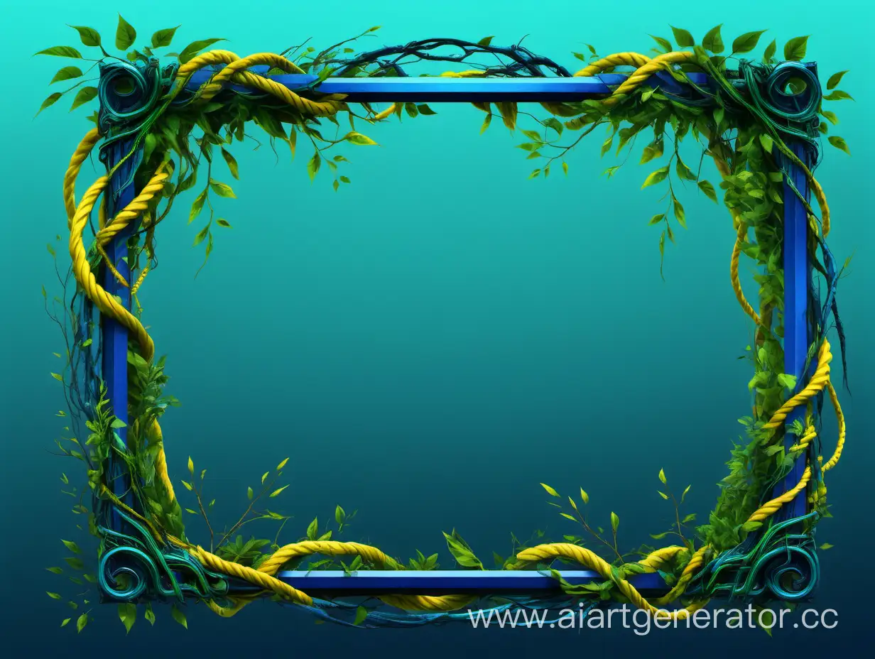 PNG frame in avatar style, colors blue, green, yellow, cyan. Nirvana, greenery, branches, braiding branches, vines, bright blue waterfalls, cyberpunk