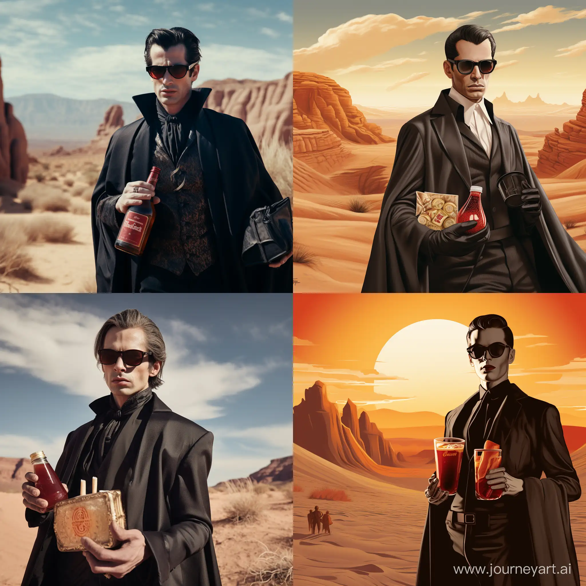 Count dracula wearing sunglasses walking through the desert with a bottle of hennessy and a pack of newport cigarettes