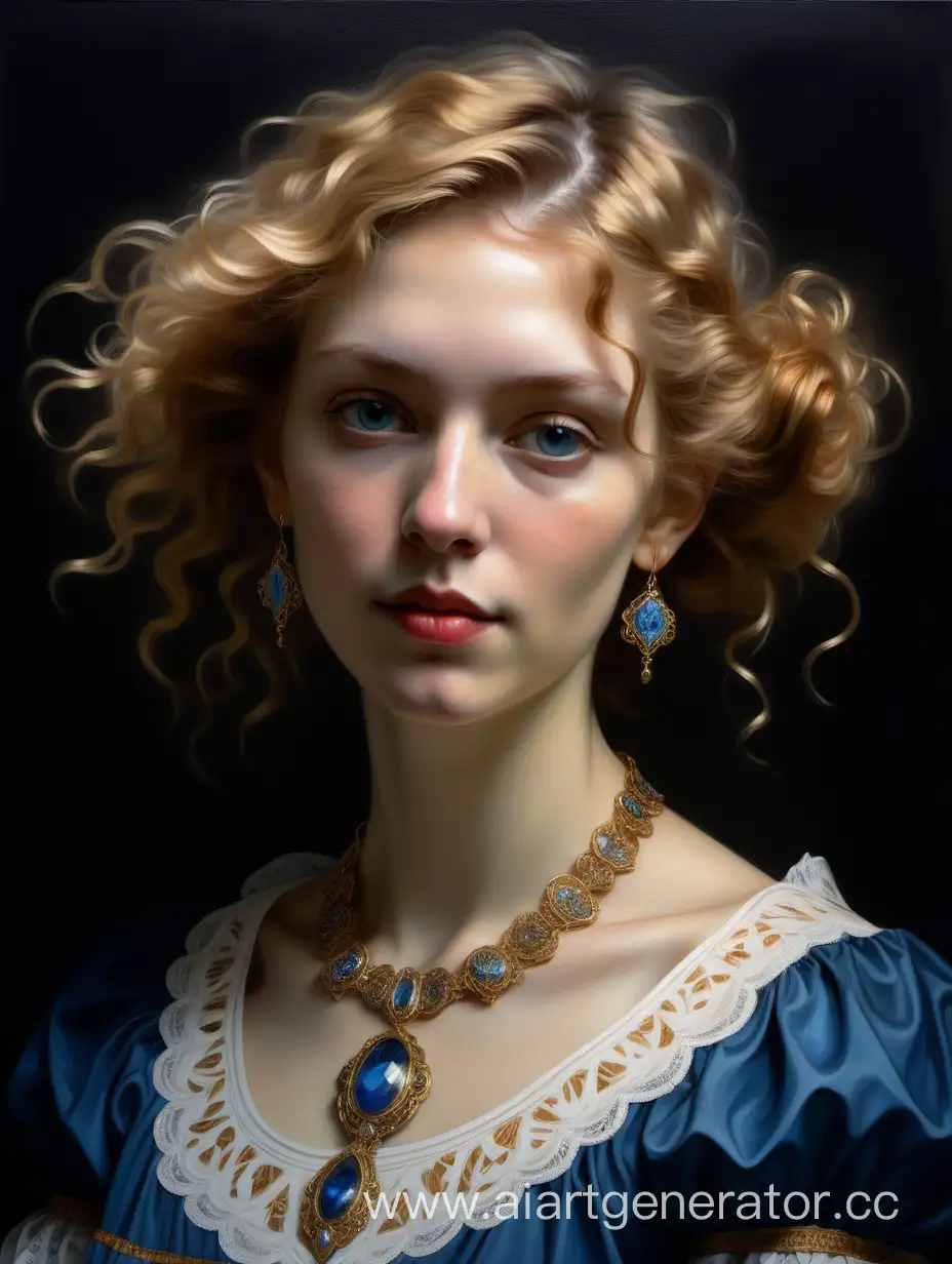 Realistic-Portrait-Oil-Painting-Woman-in-Blue-Dress-with-Floral-Motifs-and-Rembrandt-Style