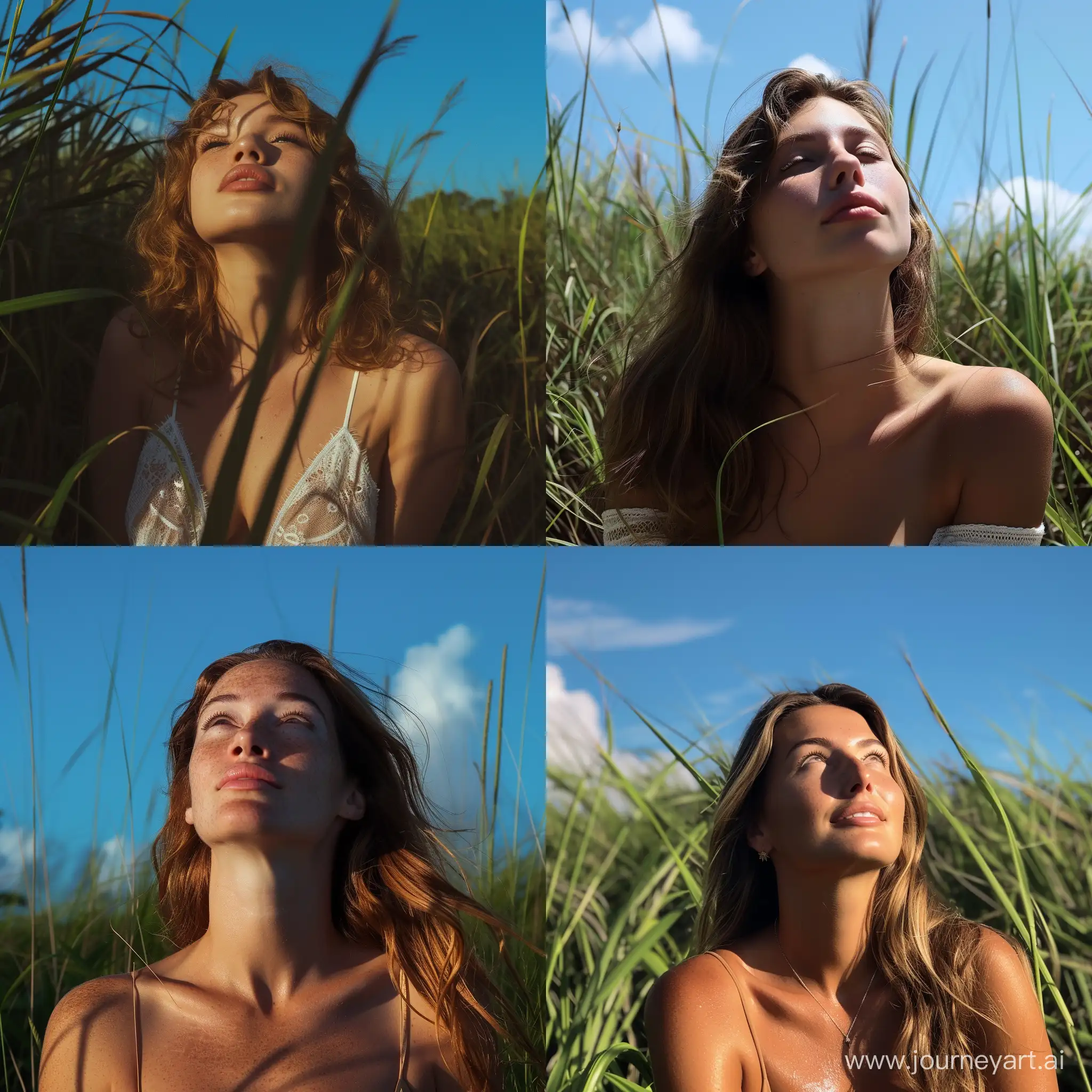 ((hour glass physique)), light brown hair model that dose not exist in real life, dappled light, looking up towards the blue sky, in tropical grassland, visible clevage