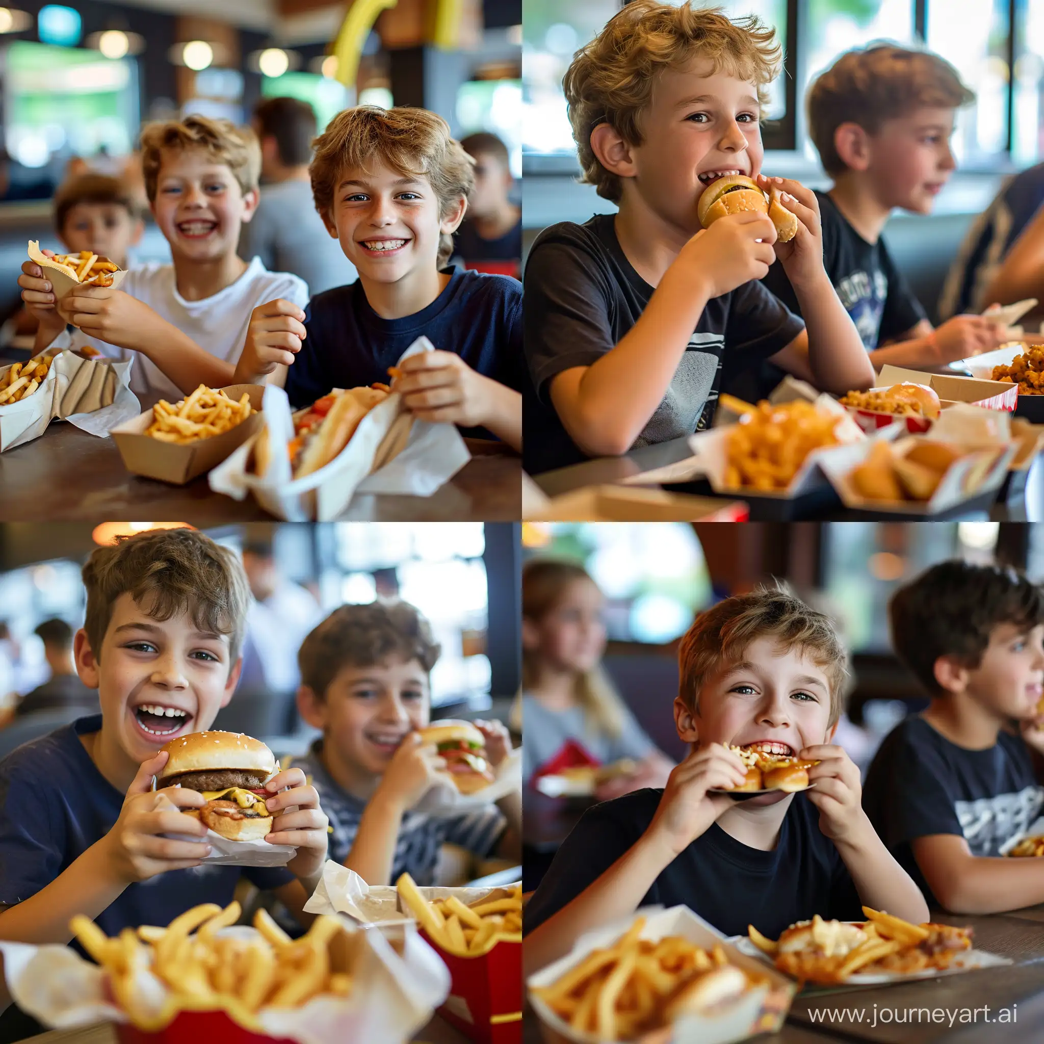 3 boy eating fast food at the restaurant