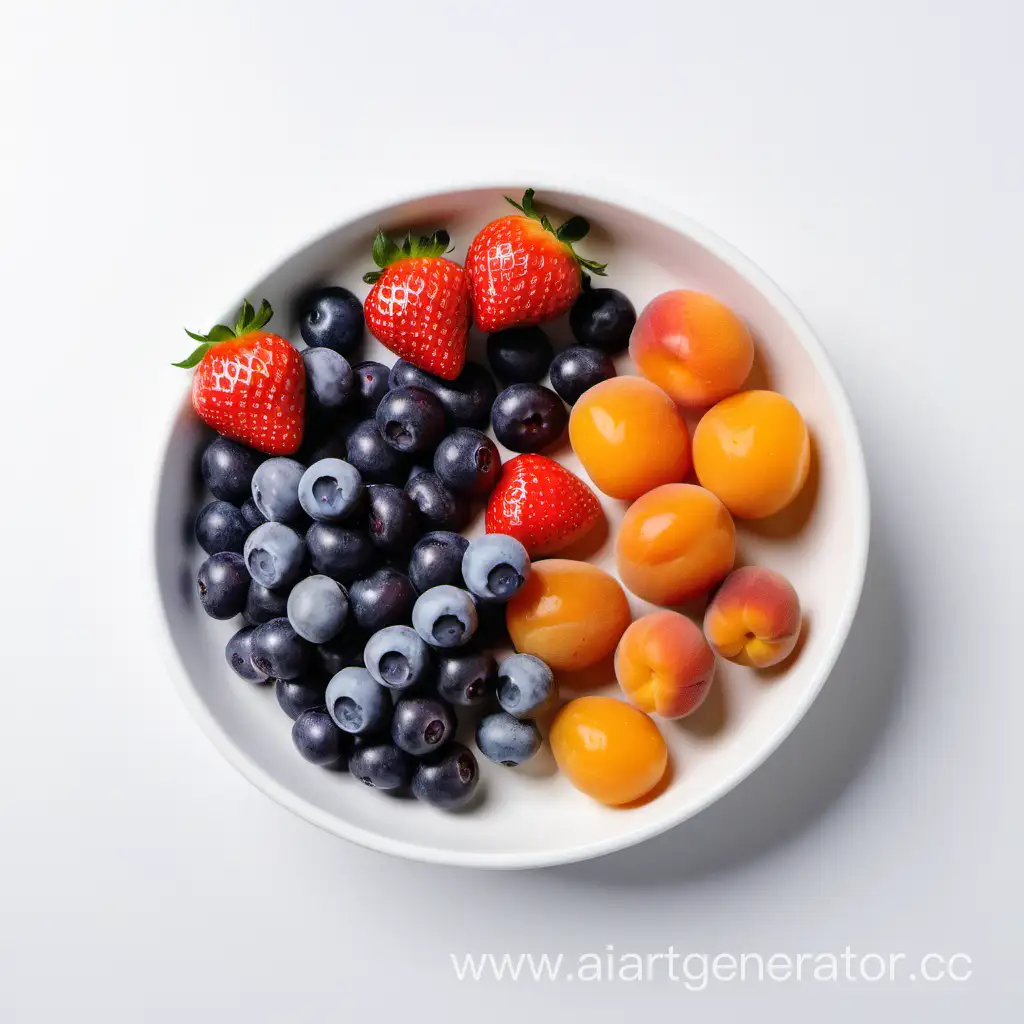 кучка ягод на белом столе: клубника, черника, абрикос
