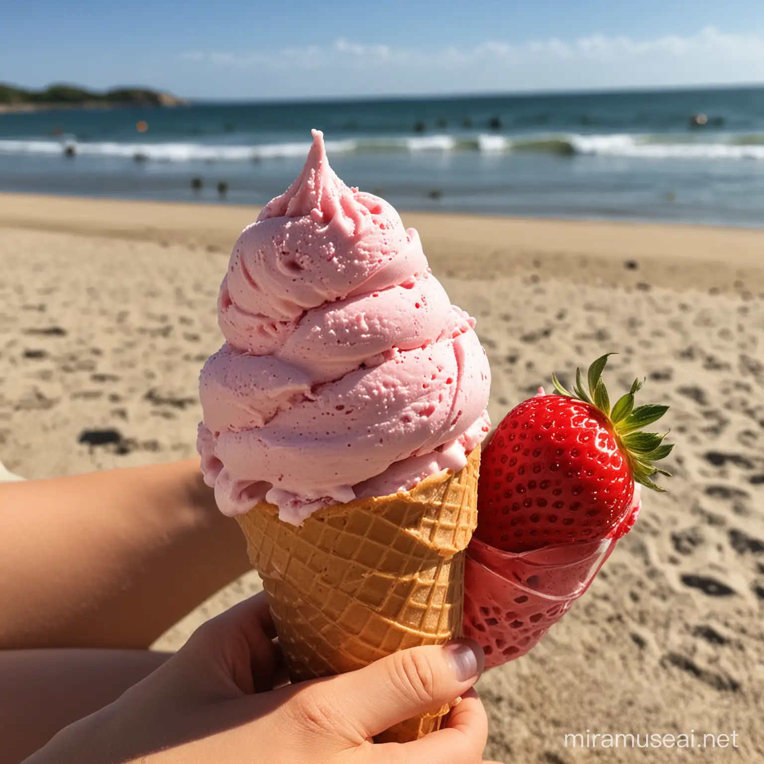 sitting on a sunny beach enjoying  strawbery ice- cream
