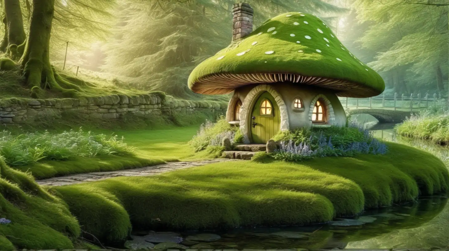 Enchanted Mossy Mushroom Cottage with a Mystical Moat