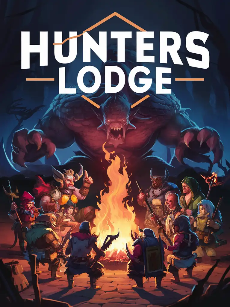 STYLIZED GAME ART WITH EXTRA LARGE LOGO "HUNTERS LODGE" MYTHICAL MONSTER HUNTERS, HUNTING GROUNDS, HUNTER HEROES, BEHEMOTH MONSTERS