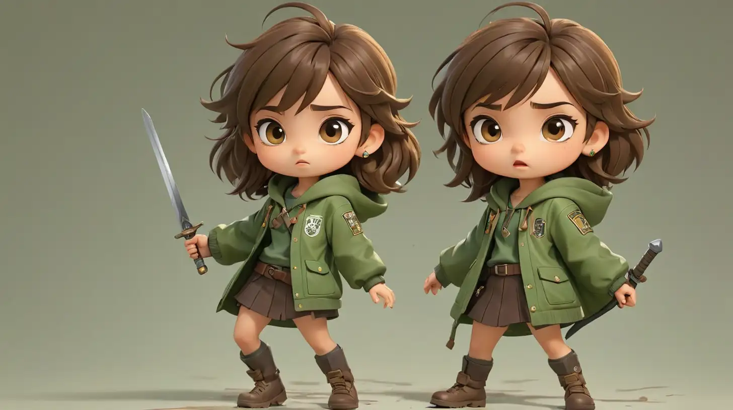 , little cute girl charecter,  brown hair, brown eyes,  oiliness green long jacket, warrior, multiple pose and expresion, 
in the style of chibi, detailed - ar 16:9