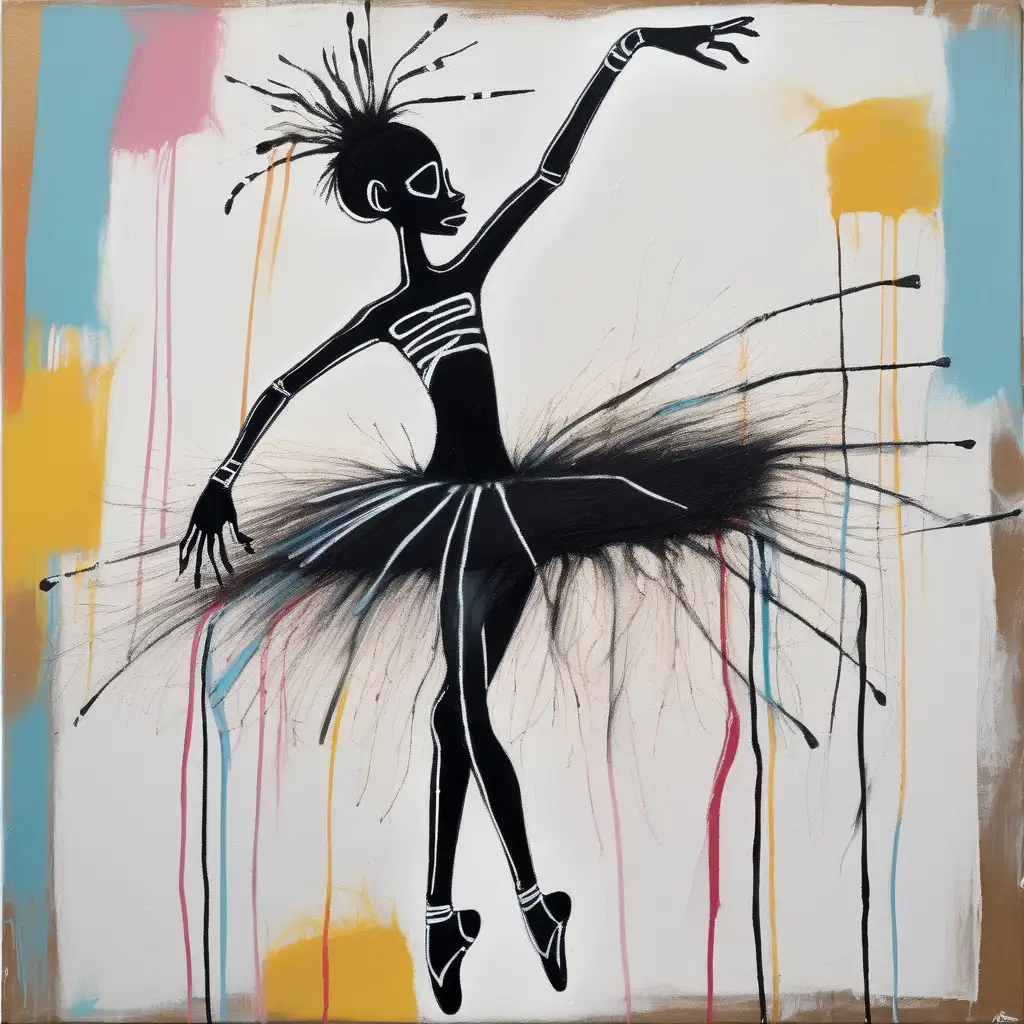 Peinture d'une danseuse élancée en tutu sur ses pointes   style art moderne inspiré de jean Michel   basquiat 