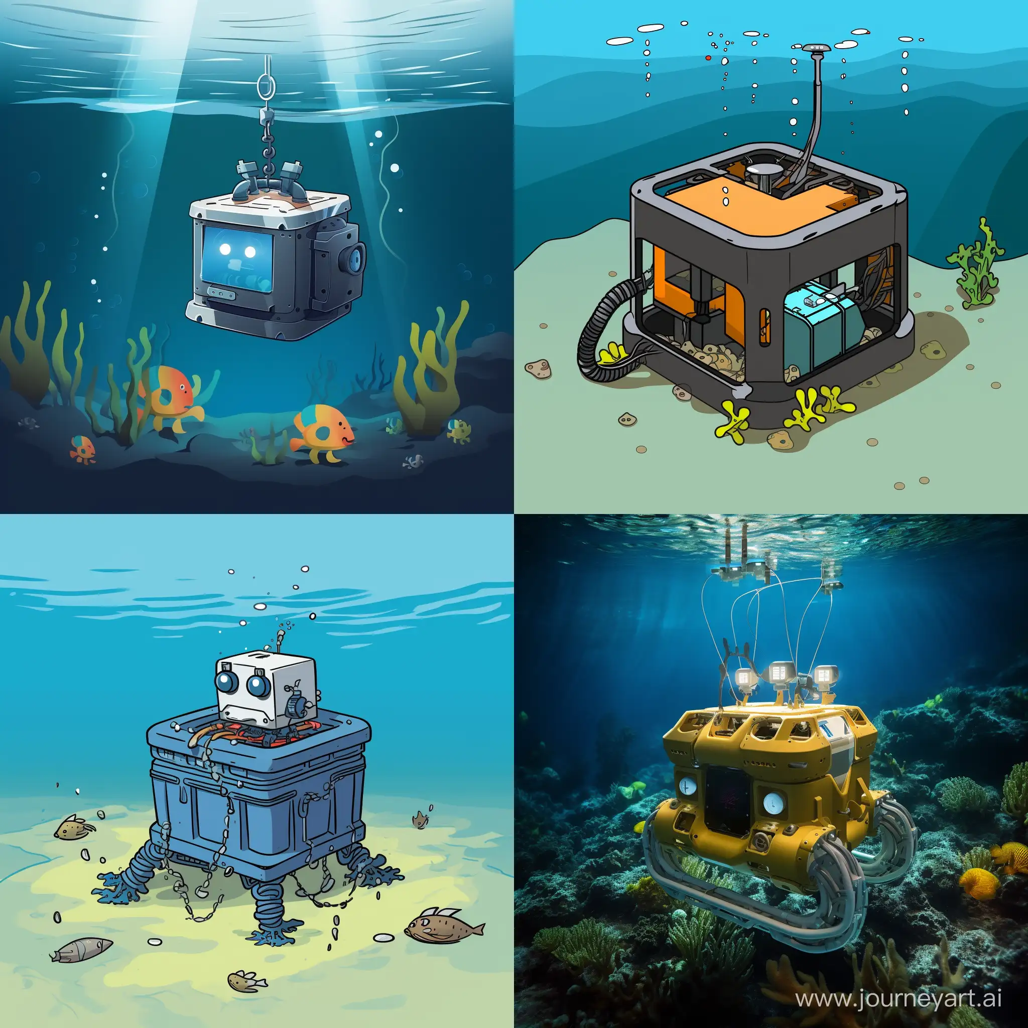 Create a robot that will pick up garbage on the seabed. It should have 4 arms that it uses to pick up trash. It should float slightly above the seabed. The robot must have cameras and detectors everywhere. The body of the robot should be a square box with rounded edges. It must have a big cage on top of it where it can put the garbage it picks up.