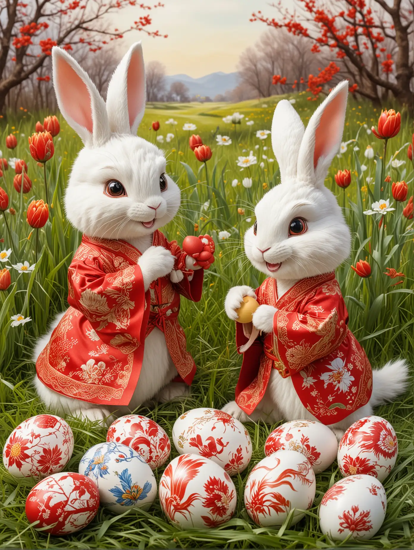 Easter Bunny in Chinese Dragon Costume with Hungarian Egg Motifs