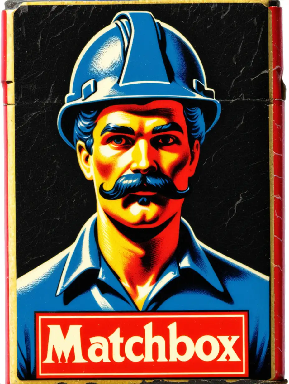 80s style red ad label of a matchbox: a coal miner in his 20s with moustache and in blue helmet 
