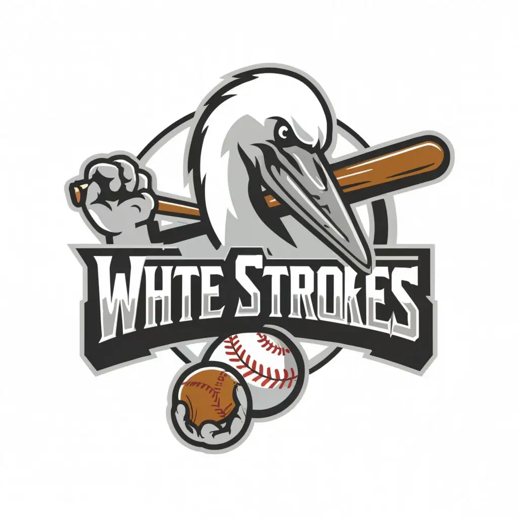 a logo design,with the text "White Strokes", main symbol:White-gray stork leaning its wing on a baseball bat and holding a ball in its beak,Moderate,clear background