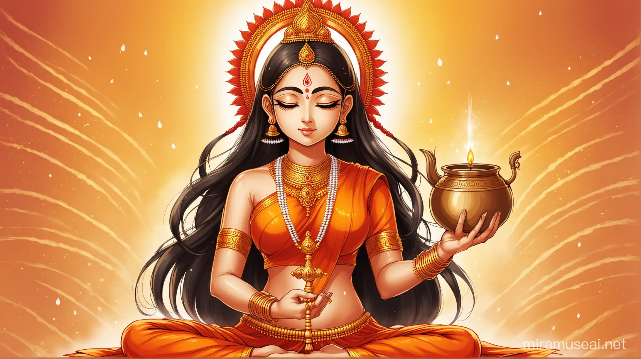 On Day -2, you can draw Brahmacharini, the second form of Goddess Durga. She is depicted as a meditative figure, holding a rosary and a water pot (kamandalu) in her hands, symbolizing penance and austerity.