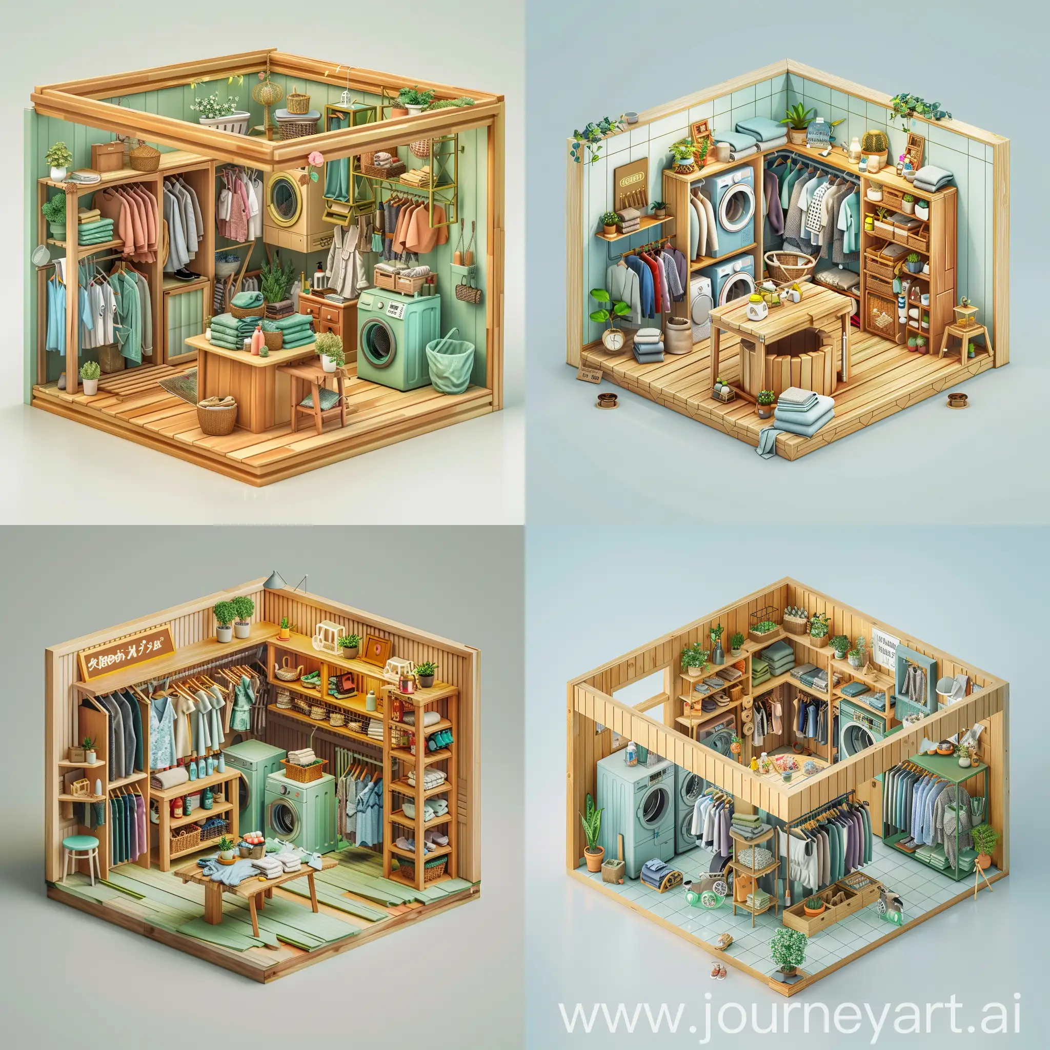 small size, cluttered, interior, aesthetic, old fashion, mid century, Scandinavian, mint theme, wooden laundry shop. with well full of clothes, wardrobe, dryers and washing machines left, shelves, table at center, some plants. cartoon, isometric, 3d, game style on blank background. The model should be appropriate with a cube shape, quality in 4k