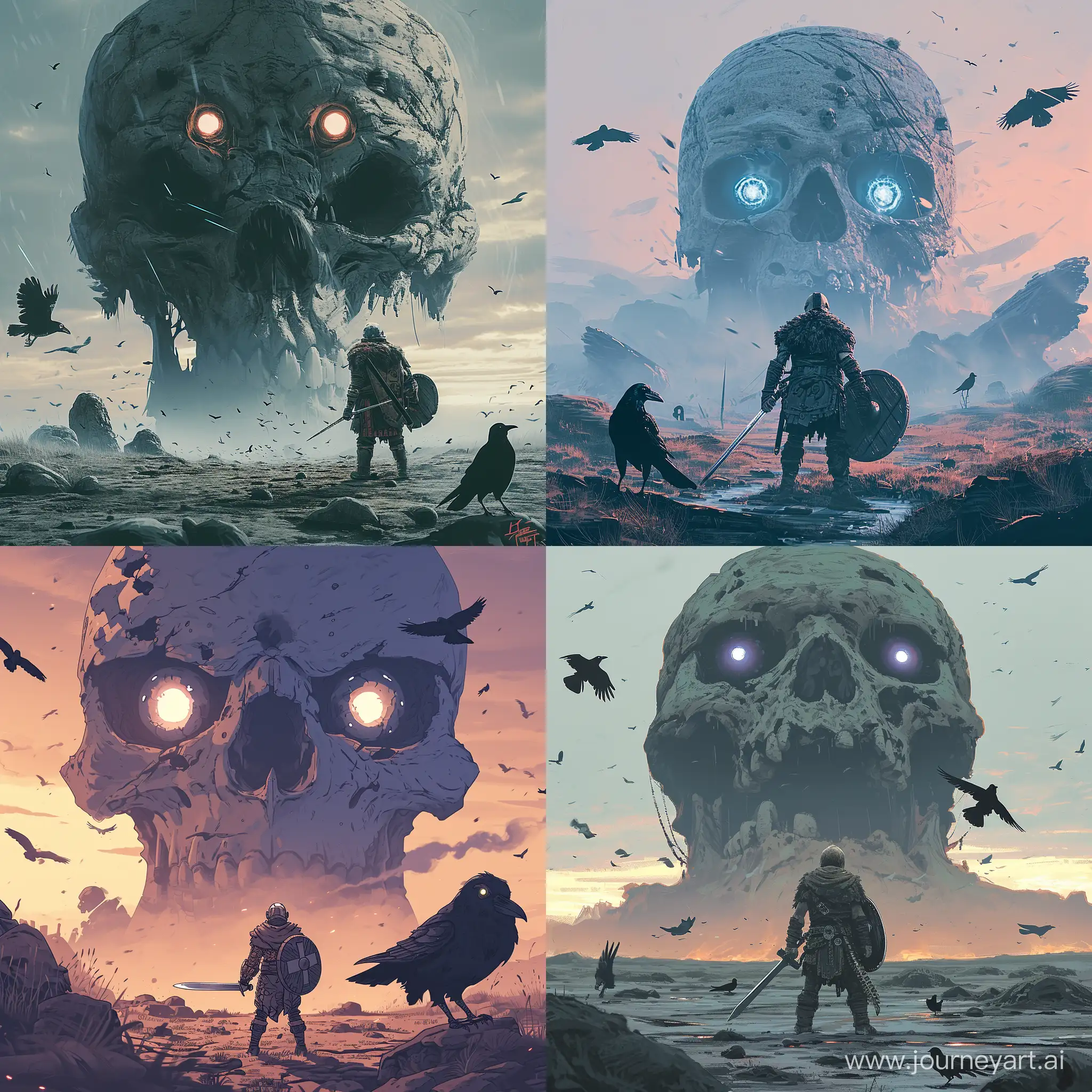  kawaii, cute, a warrior stands in a desolate land with a cute giant skull looming above them. The warrior is equipped with a sword and shield, there is a cute skull with glowing eyes in the background. The scene is set at dusk, there are crows flying around, kawaii, cute, высокое разрешение, высокая чёткость, чёткое изображение, микро детализация, высокая детализация, ультра реализация, максимальная детализация, много деталей, глубокие детали, детальное изображение, четкие линии. --v 6